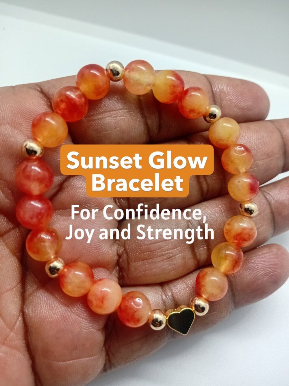 Orange Agate Stretch Bracelet 14K Gold Filled Heart Charm | Confidence Joy